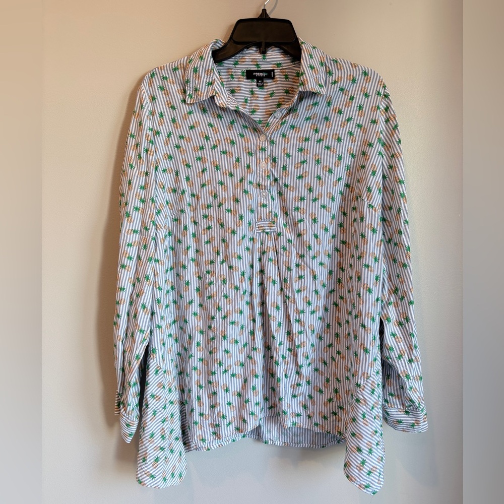 Premise Studio Blue White Stripe Pineapple‎ Long Sleeve Shirt Plus Size 0X Women